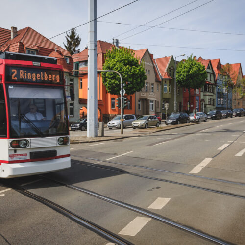 Eine Straßenbahn fährt durch Erfurt