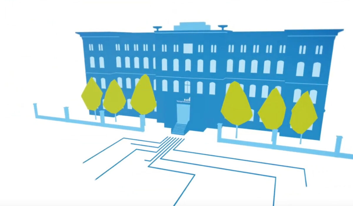 Die Thüringer Aufbaubank als Arbeitgeberin (im Bild: grafische Darstellung des historischen TAB-Gebäudes im Erfurter Brühl)