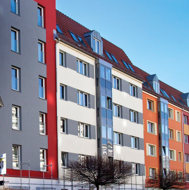 Förderung der Modernisierung und Instandsetzung von Mietwohnungen (im Bild: ein frisch saniertes Haus am Juri-Gagarin-Ring in Erfurt)