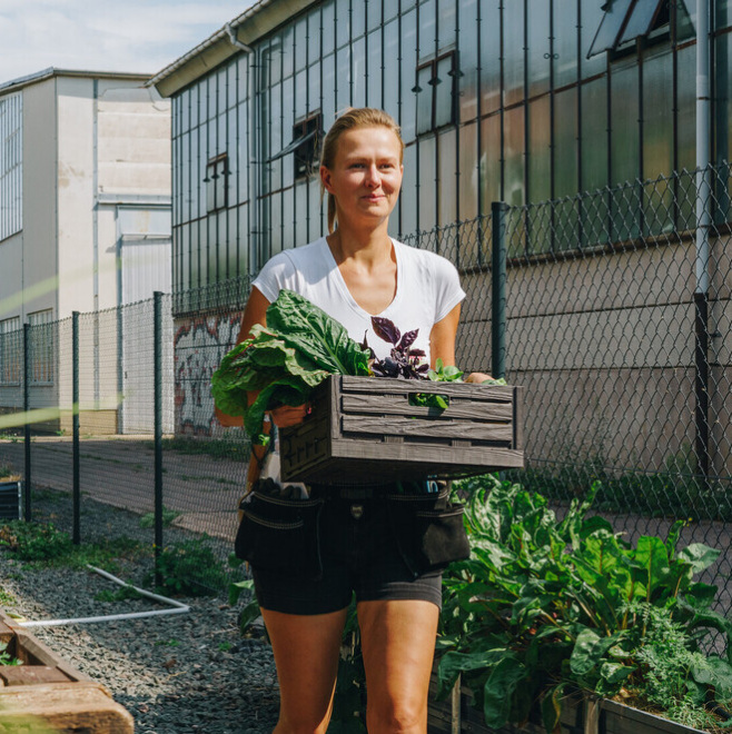 Anna Meincke von Dachgemüse bei der Arbeit. Die Gründerin erhielt 2022 den AgraNova-Sonderpreis.