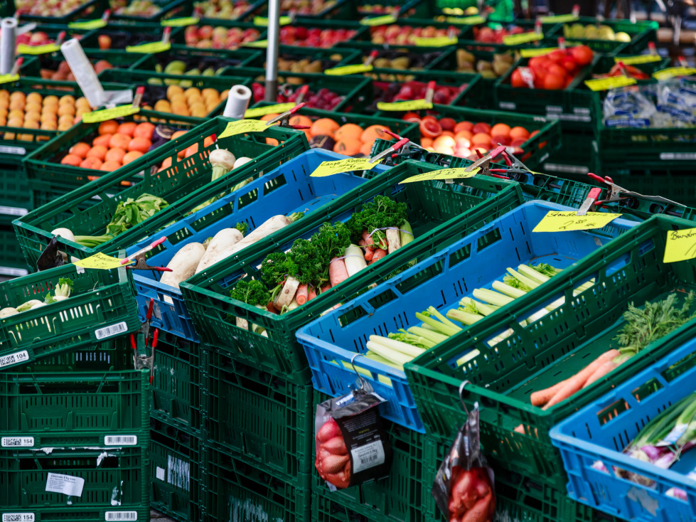 Investitionen zur Verarbeitung und Vermarktung landwirtschaftlicher Erzeugnisse (IVV Teil A) (im Bild: Obst und Gemüse an einem Marktstand)