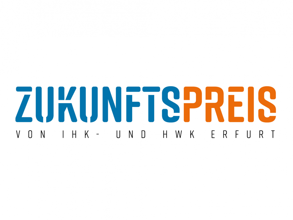 Zukunftspreis Thüringen (Logo: blaue Schrift und orange Schrift)