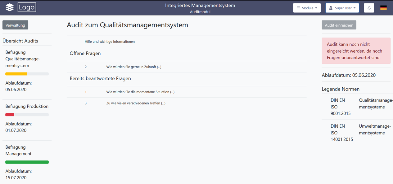 Screenshot Demonstrator zur Software für integrierte Managementsysteme