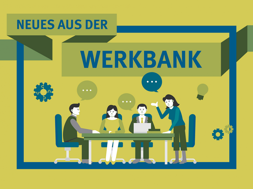Werkbank (im Bild: eine Illustration in grün und blau, vier Menschen sitzen an einem Tisch und diskutieren und arbeiten)